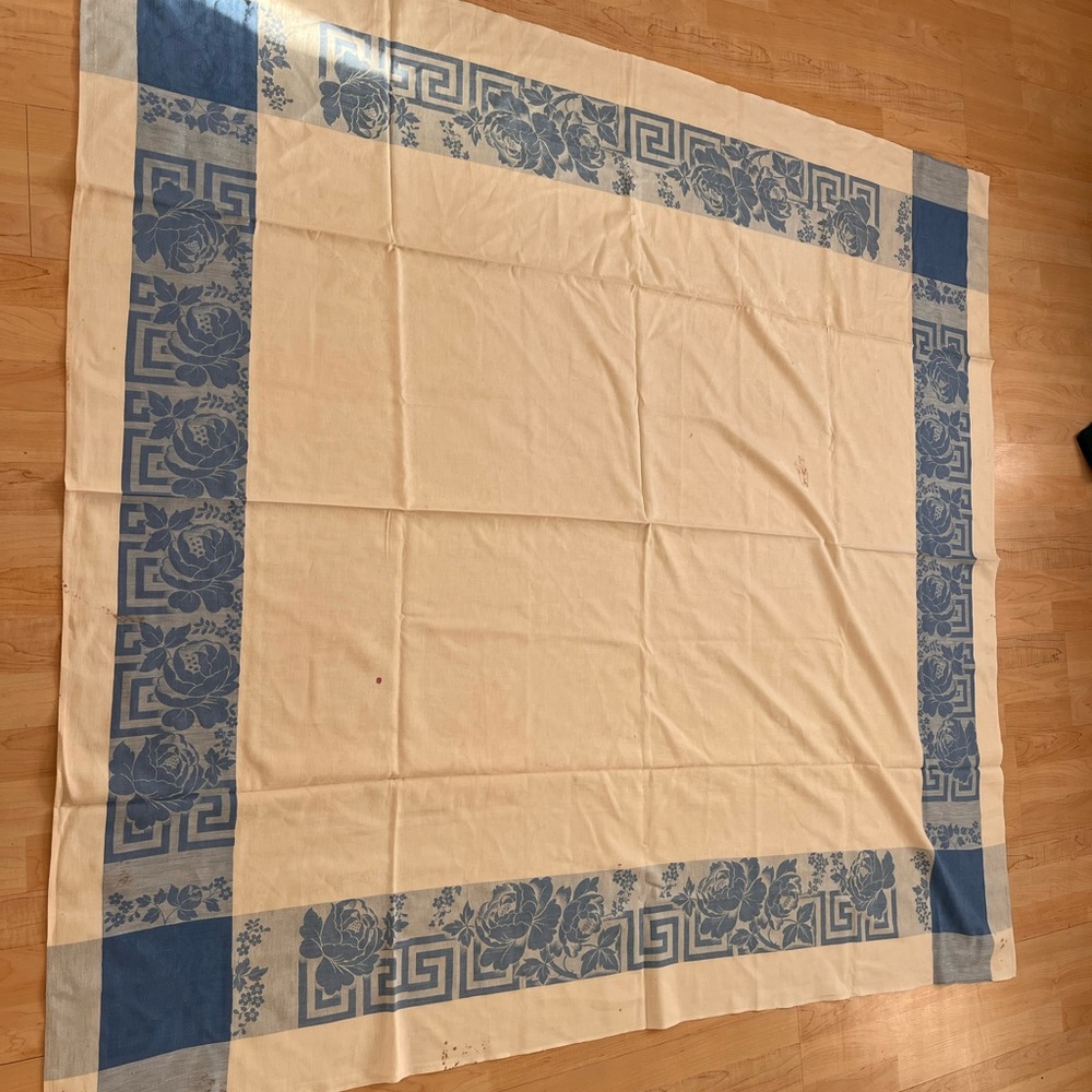 Vintage 70’s MCM Square Tablecloth White & Blue Roses Floral Table Linen Kitchen